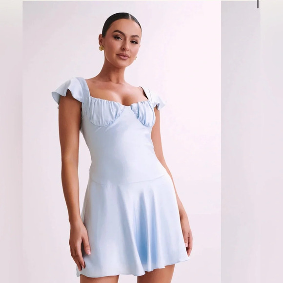 MESHKI | Carson Ruched Satin Mini Dress | Powder Blue | Size: X-Large - Picture 5 of 7